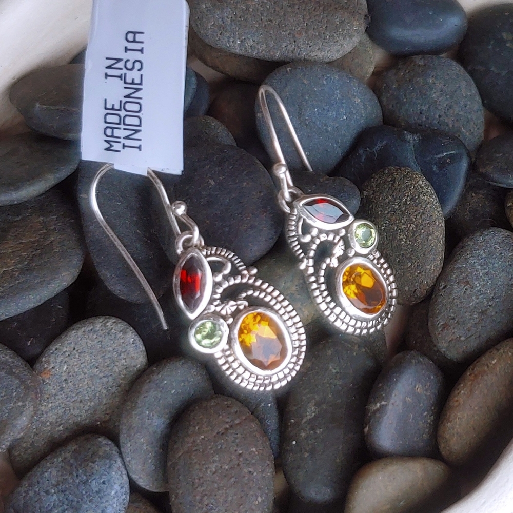 Sterling Silver Dangle Earrings with Citrine, Garnet, and Peridot